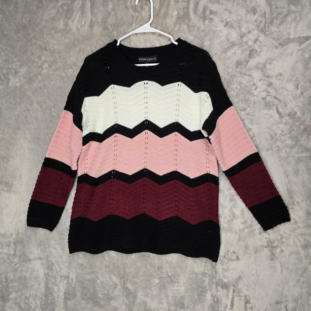 Inner Circle Women's Black Pink White Burgundy Chevron Knit‎ Sweater Size M
